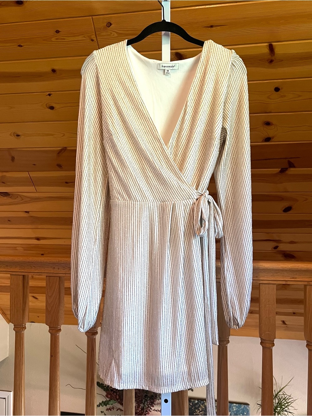 Francesca's Women's Cream Gold Striped Long Sleeve Wrap Short Dress Size M